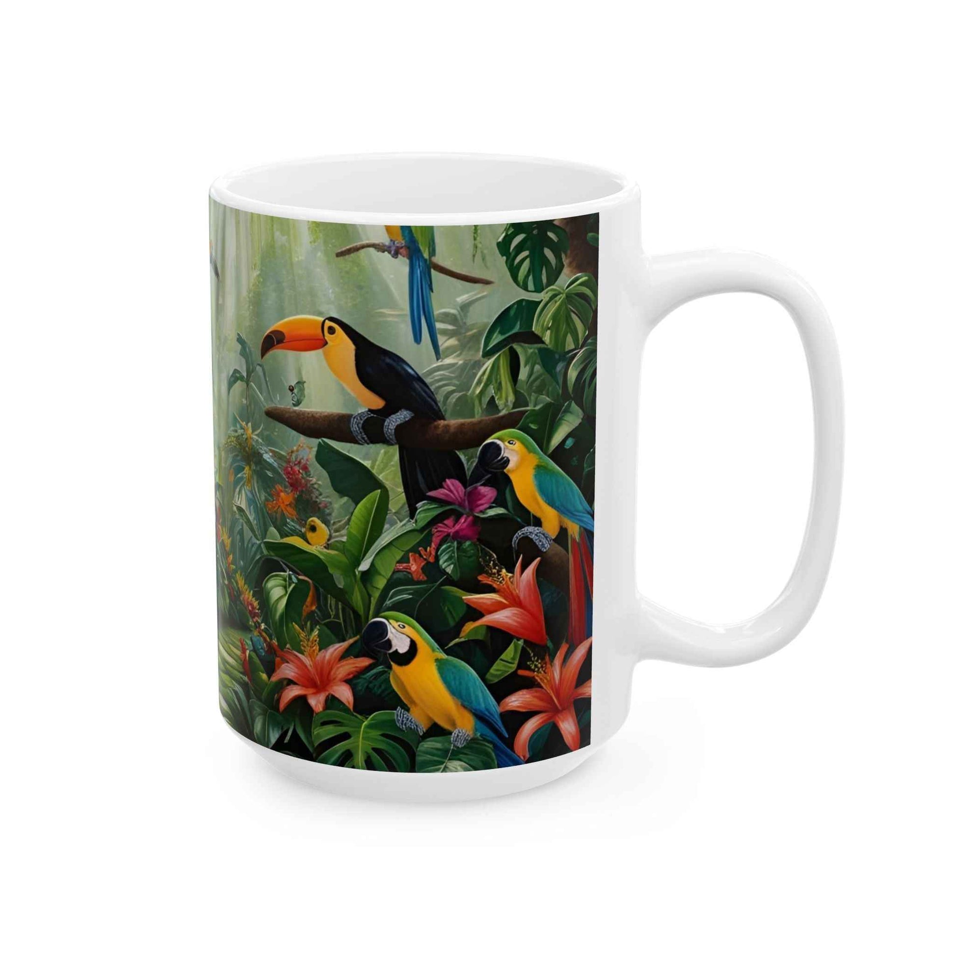 Lleva la jungla a tu hogar con esta hermosa taza de diseño exótico.