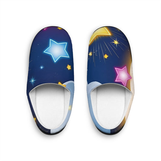 Zapatillas de interior para mujer Noche Estrellada - Luna acogedora y estrellas neón