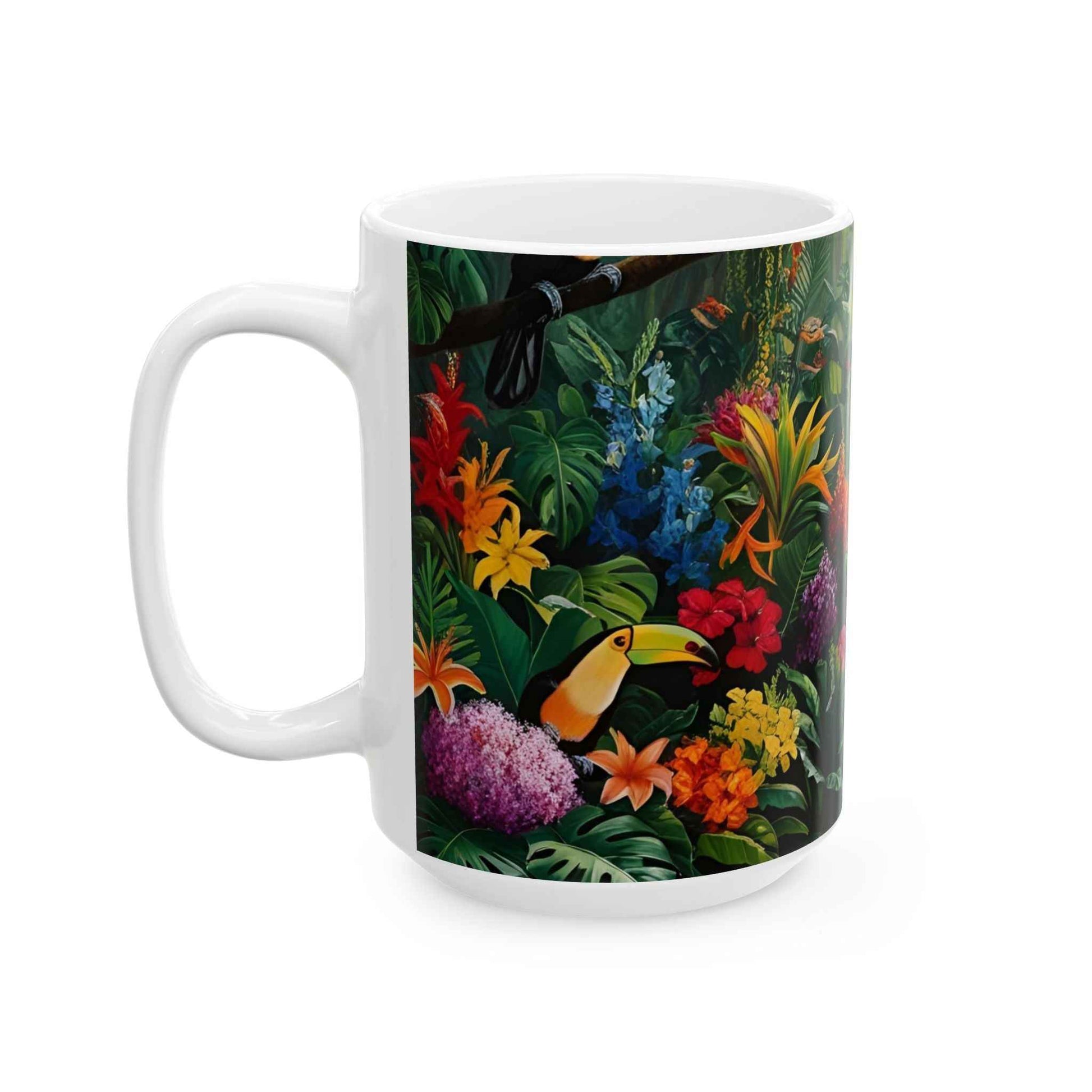 Lleva la jungla a tu hogar con esta hermosa taza de diseño exótico.