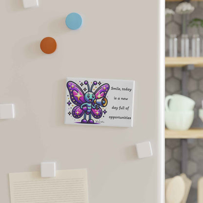 Imán "Colección Sonrisa" con mariposa y mensaje inspirador.