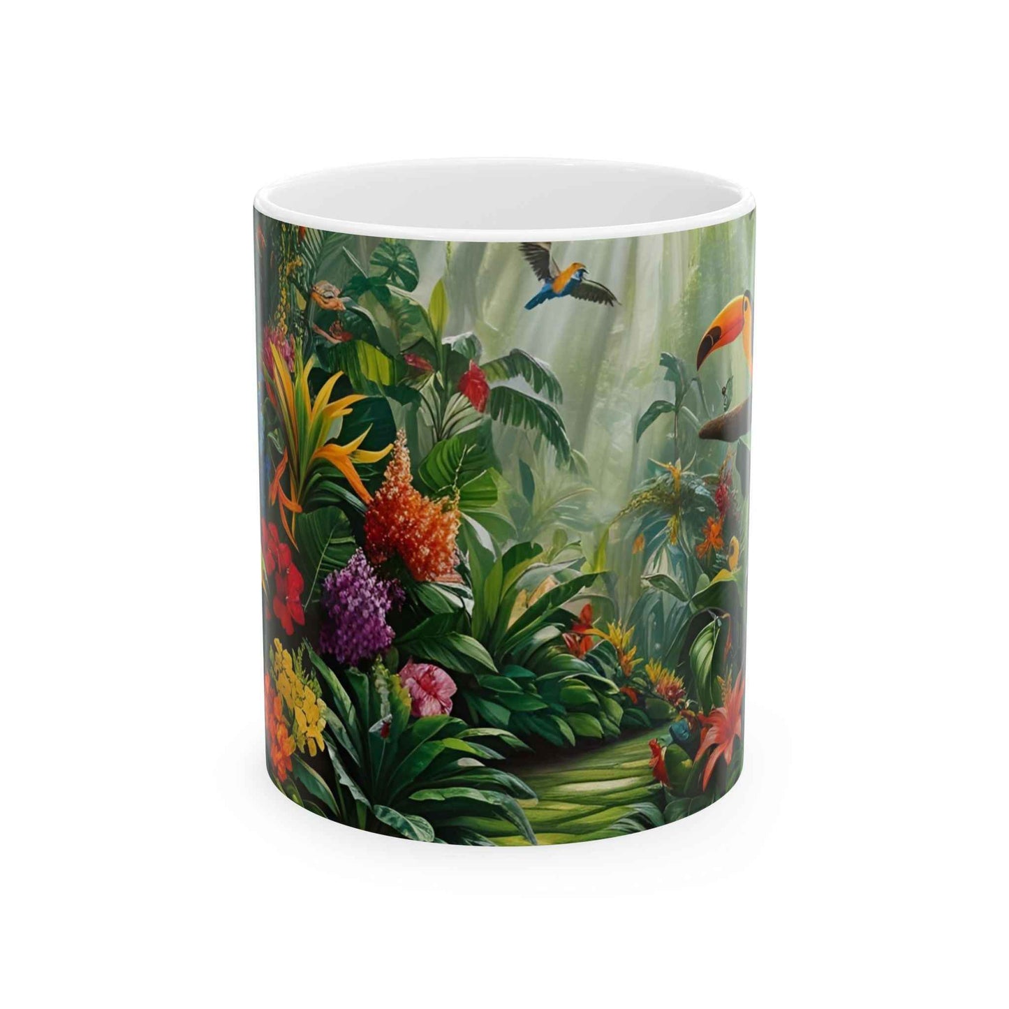 Lleva la jungla a tu hogar con esta hermosa taza de diseño exótico.