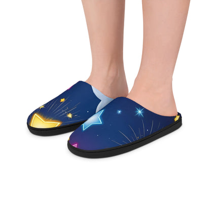 Zapatillas de interior para mujer Noche Estrellada - Luna acogedora y estrellas neón