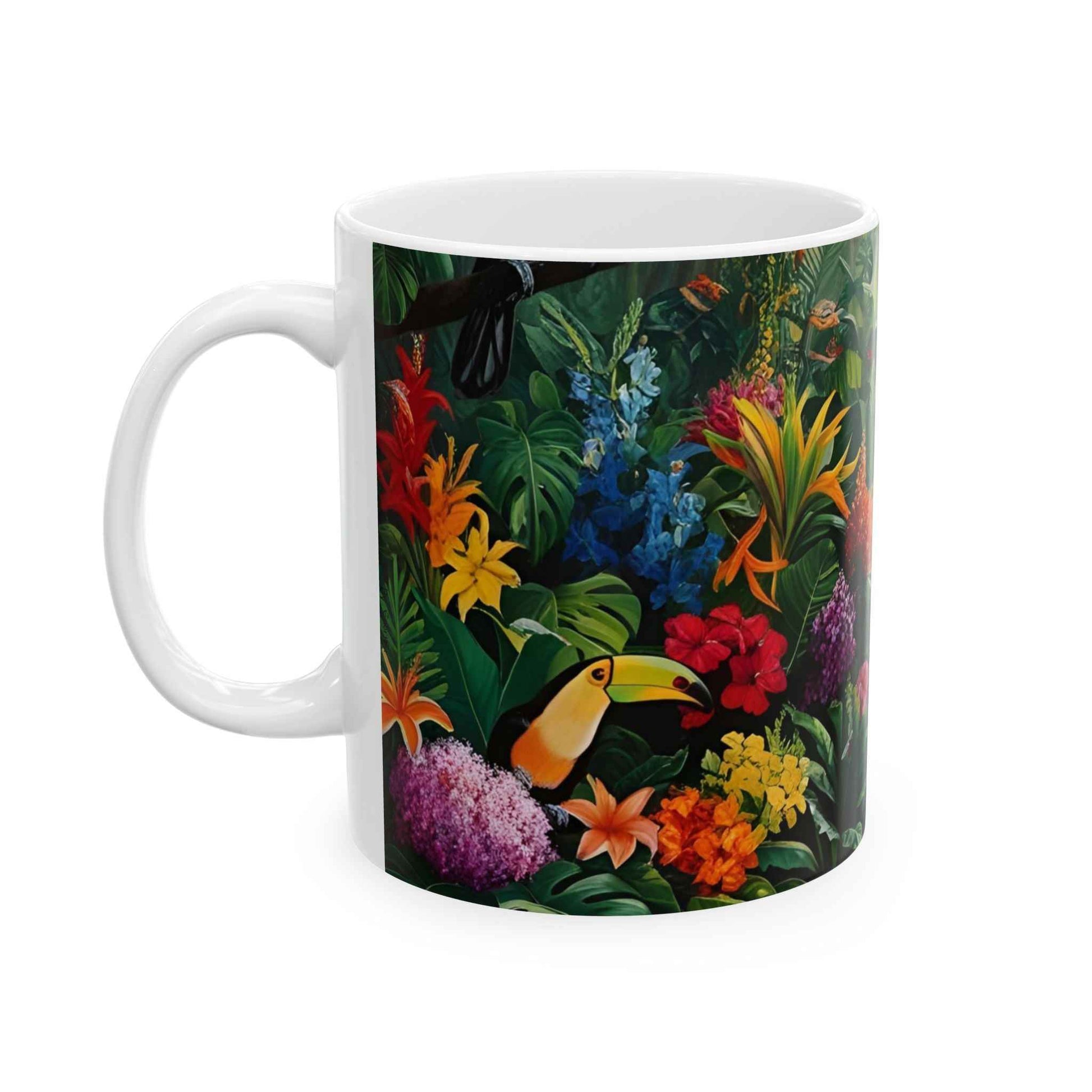 Lleva la jungla a tu hogar con esta hermosa taza de diseño exótico.
