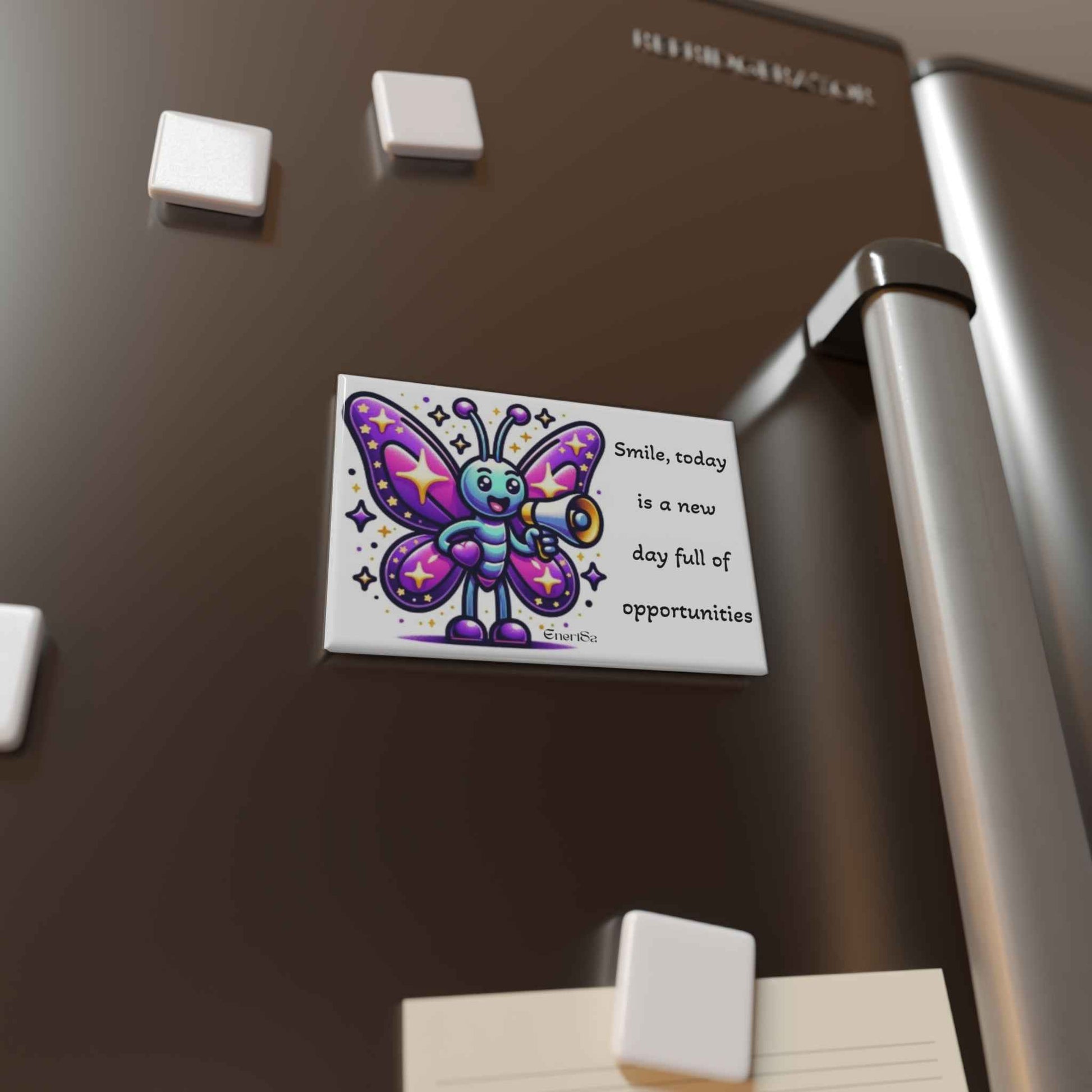 Imán "Colección Sonrisa" con mariposa y mensaje inspirador.