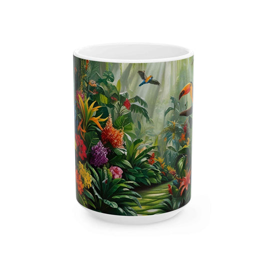Lleva la jungla a tu hogar con esta hermosa taza de diseño exótico.